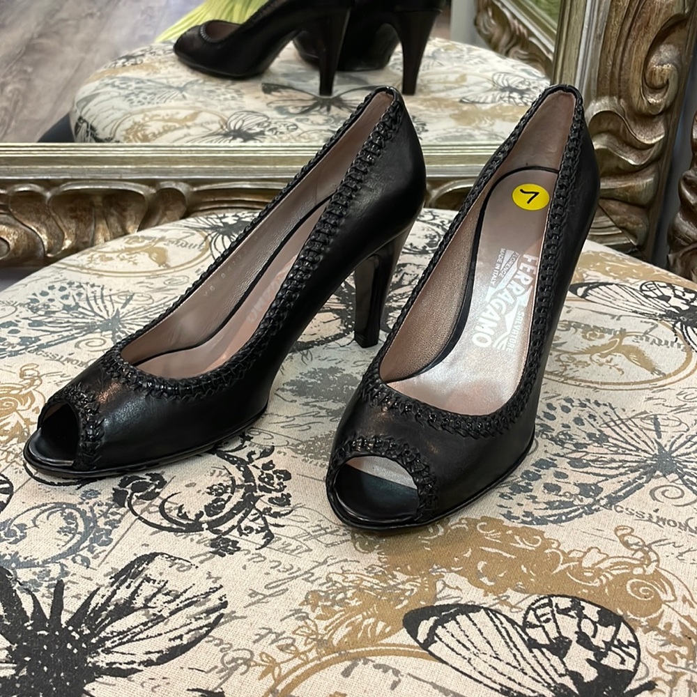 Ferragamo Leather Peep Toe Heels